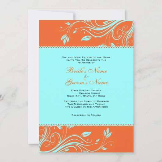 Orange et Turquoise Faire-part de mariage Floral (Devant)
