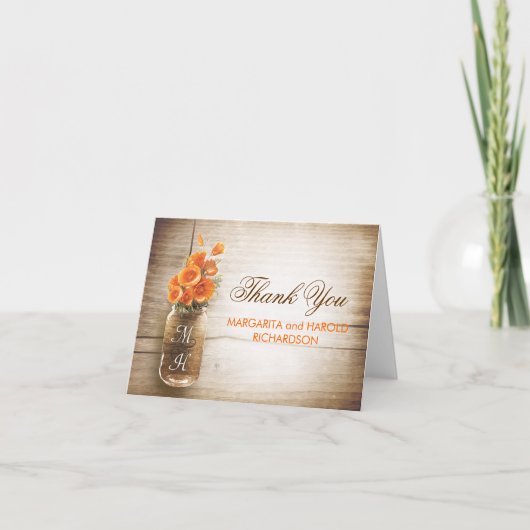 Orange fleurs mason jarre mariage merci cartes (Devant)