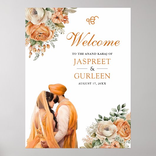 Orange Floral Anand Karaj Affiche de bienvenue Mar (Devant)
