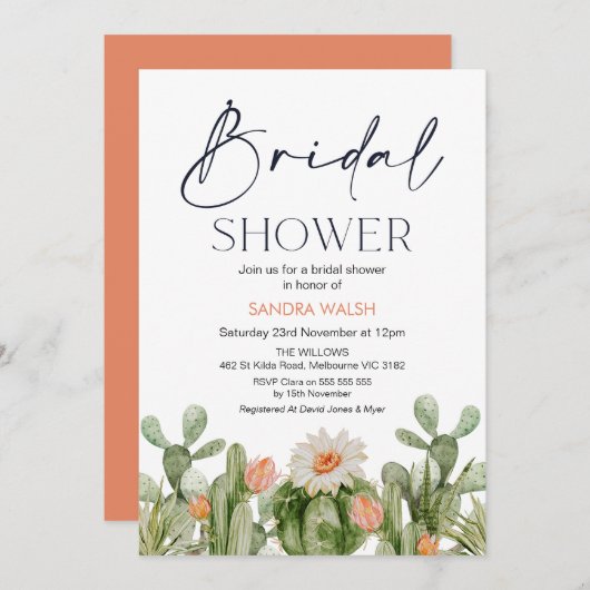 Orange Flower Cactus Invitation à la douche nuptia (Devant / Derrière)