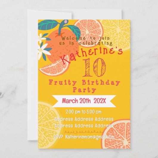 Orange Fruité Invitation Anniversaire (Devant)