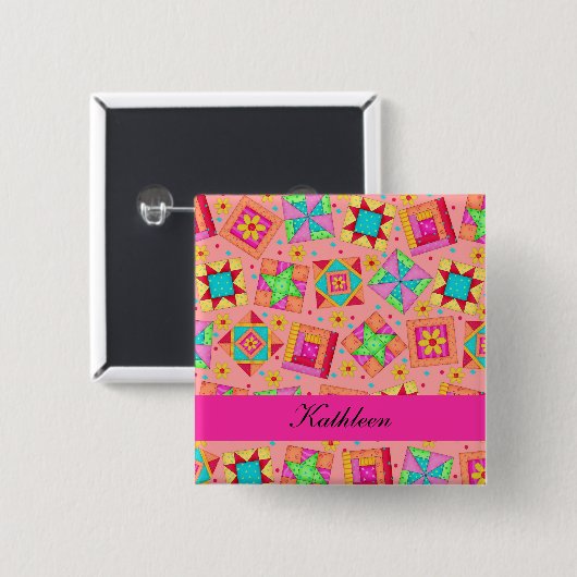 Orange Fuchsia Patchwork Quilt Blocks Nom Badge (Devant & derrière)