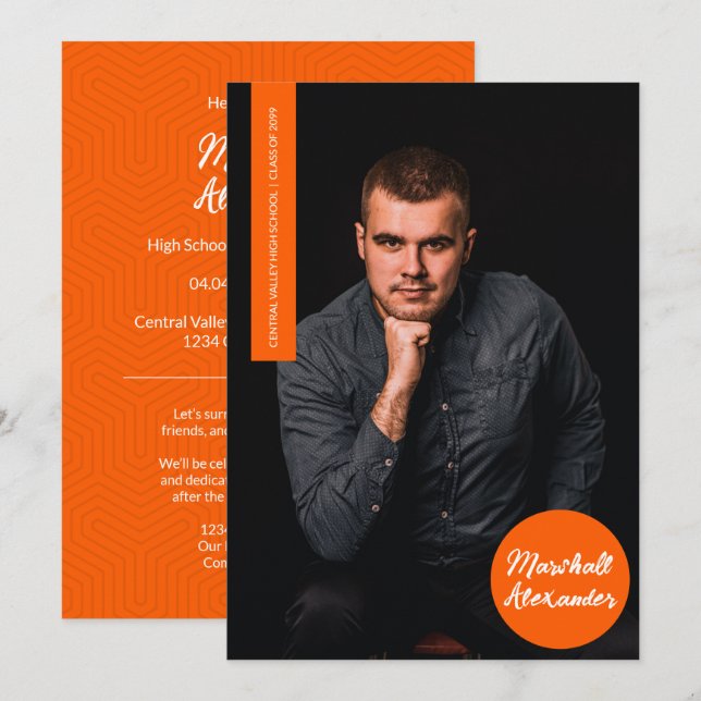 Orange Geometry Graduation Photo Invitation (Devant / Derrière)