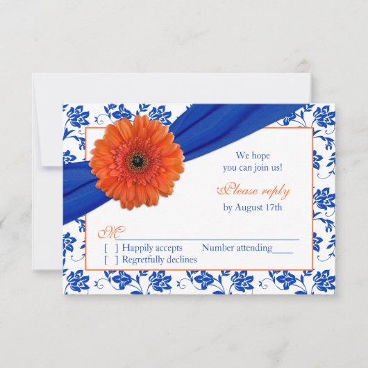 Orange Gerber Cobalt Damask Mariage floral RSVP (Devant)