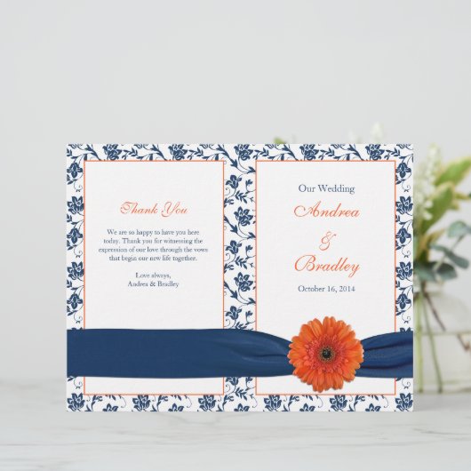Orange Gerber Daisy Navy Mariage damassé Programme (Debout devant)