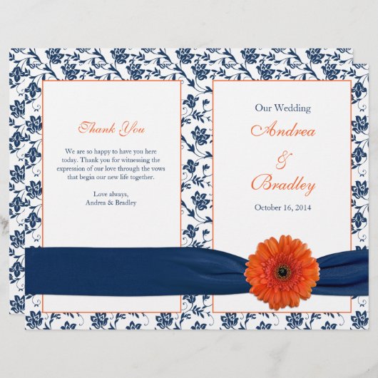 Orange Gerber Daisy Navy Mariage damassé Programme (Devant / Derrière)
