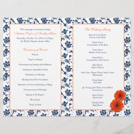 Orange Gerber Daisy Navy Mariage damassé Programme (Dos)