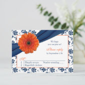 Orange Gerber Navy Blue Damask Floral Wedding RSVP (Debout devant)
