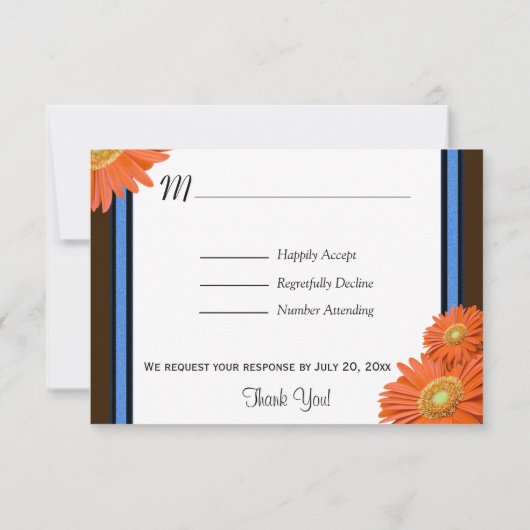Orange Gerbera Brown bleu avec script or RSVP (Dos)