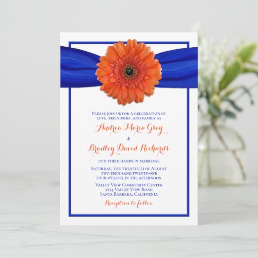 Orange Gerbera Daisy Faire-part de mariage bleu (Debout devant)