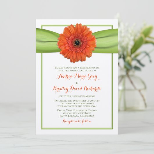 Orange Gerbera Daisy Faire-part de mariage vert (Debout devant)