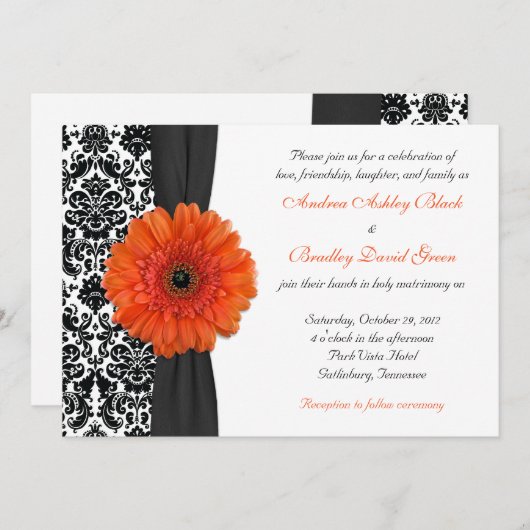 Orange Gerbera Daisy Mariage damassé Invitation (Devant / Derrière)