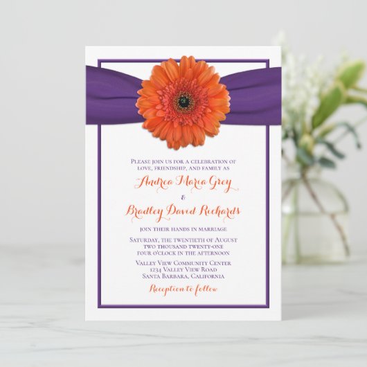 Orange Gerbera Daisy Violet Faire-part de mariage (Debout devant)