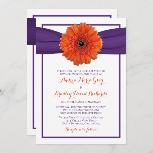 Orange Gerbera Daisy Violet Faire-part de mariage (Devant / Derrière)