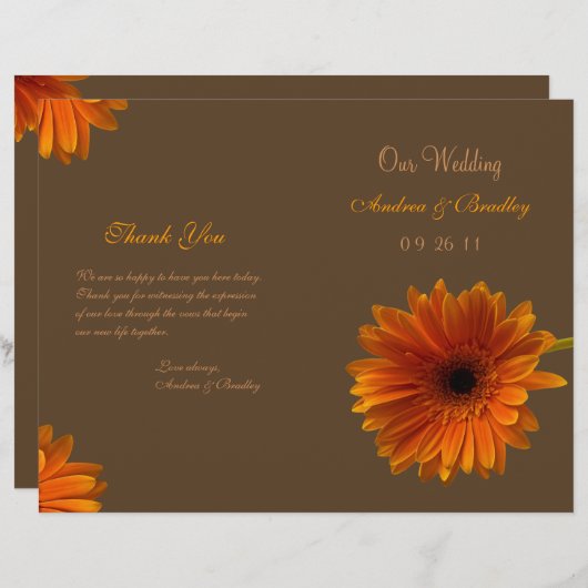 Orange Gerbera Daisy Wedding Programme (Devant / Derrière)