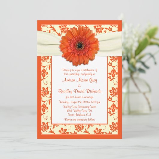 Orange Gerbera Ivory Floral Faire-part de mariage (Debout devant)