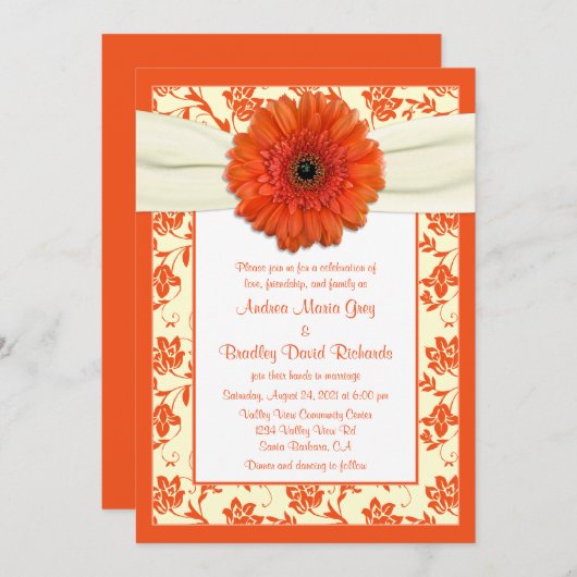 Orange Gerbera Ivory Floral Faire-part de mariage (Devant / Derrière)