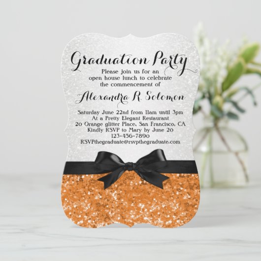 Orange Glittery Bow Graduation Party Invitation (Debout devant)