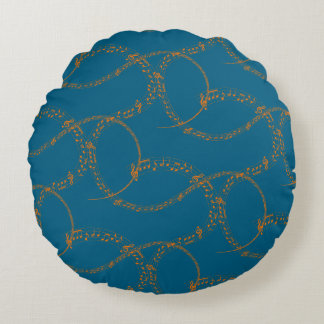 Orange Gold on Blue Music Note Pattern Rond Kussen