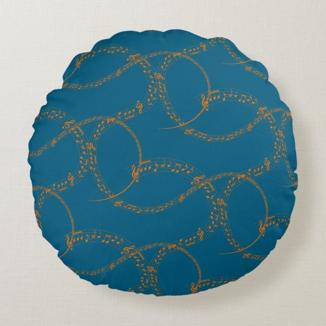 Orange Gold on Blue Music Note Pattern  Rond Kussen (Voorkant)