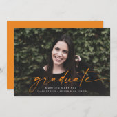 Orange Graduate Script Graduate Faire-part (Devant / Derrière)