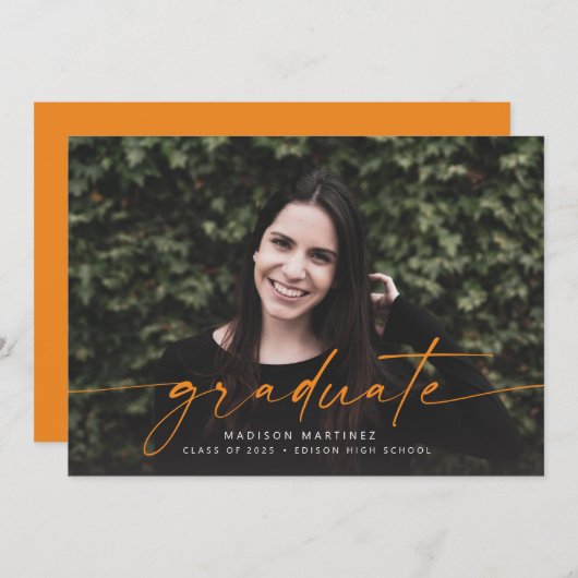 Orange Graduate Script Graduate Faire-part (Devant / Derrière)