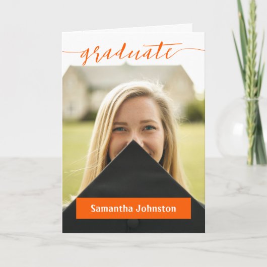 Orange Graduate Script Modern Photo Invitation (Devant)