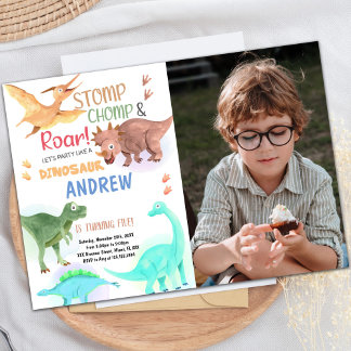 Orange Green Dinosaur Anniversaire Invitations pho