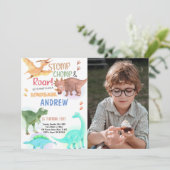 Orange Green Dinosaur Anniversaire Invitations pho (Debout devant)