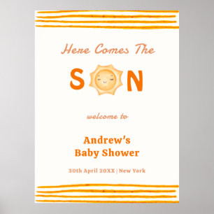 Orange Here Comes The Son Baby Shower Welcome Poster