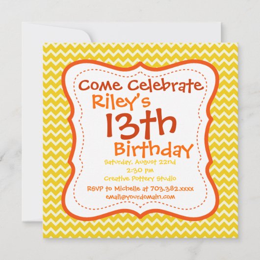 Orange Jaune Chevron Invitations de fête d'anniver (Devant)