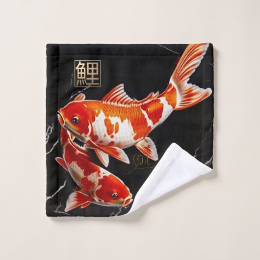 Orange Koi Poisson Marbre Noir|Linge Or (Gant de toilette)