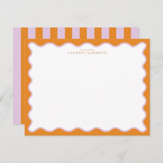 Orange & Lilac Wavy Frame Note Card with Striped E Kaart (Voorkant / Achterkant)