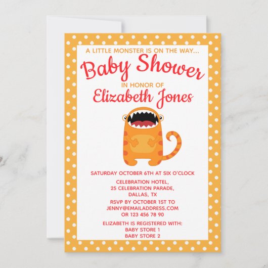 Orange Little Monster Baby shower Invitation (Devant)