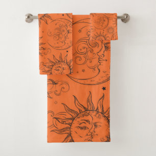 Orange Magique Vintage Céleste Soleil Lune Étoiles
