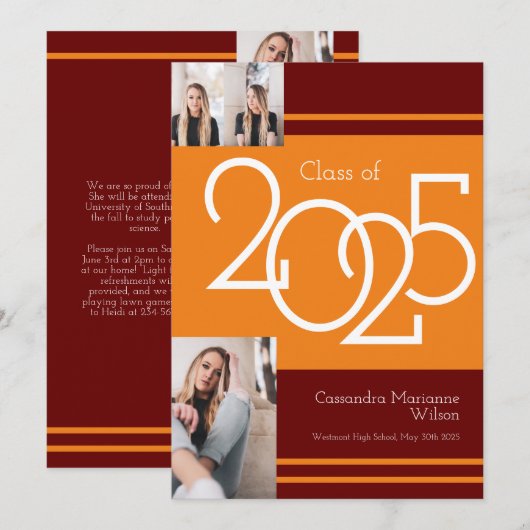 Orange Maroon School Colour Faire-part de graduati (Devant / Derrière)