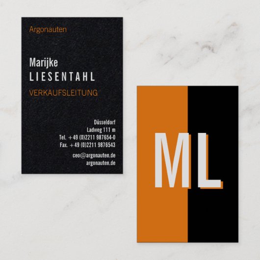 Orange Monogram Haut format Carte de visite (Devant / Derrière)