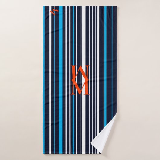 Orange Monogrammé Rayé Bleu (Serviette de bain)