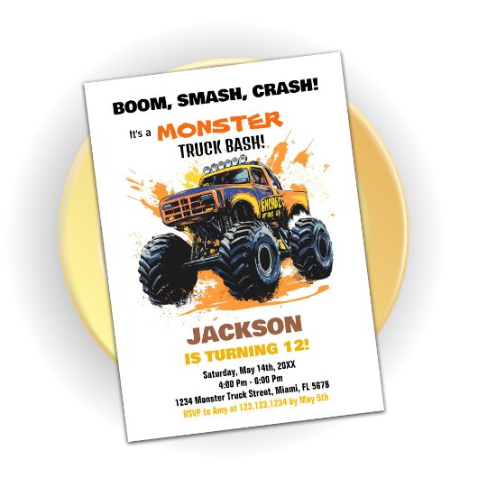 Orange Monster Truck Invitations Anniversaire