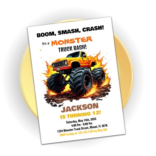 Orange Monster Truck Invitations Anniversaire