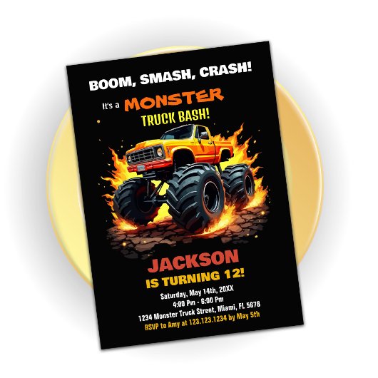 Orange Monster Truck Invitations Anniversaire Noir