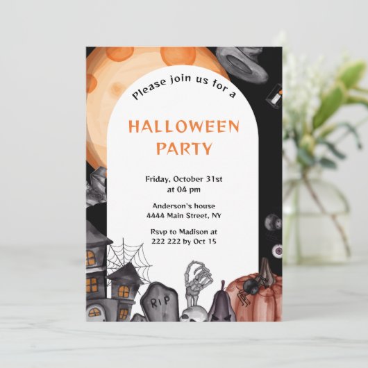 Orange Moon Hauning Maison Halloween Invitation (Debout devant)