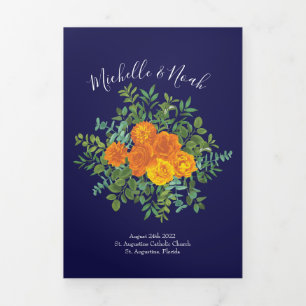 Orange & Navy Blue Peony Rose programmes de mariag