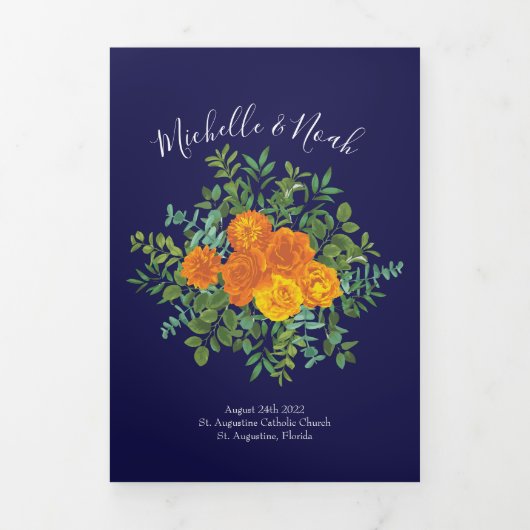 Orange & Navy Blue Peony Rose programmes de mariag (Page de couverture)