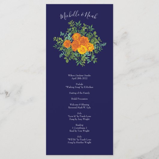 Orange Navy Blue Peony Rose programmes de mariage (Devant)