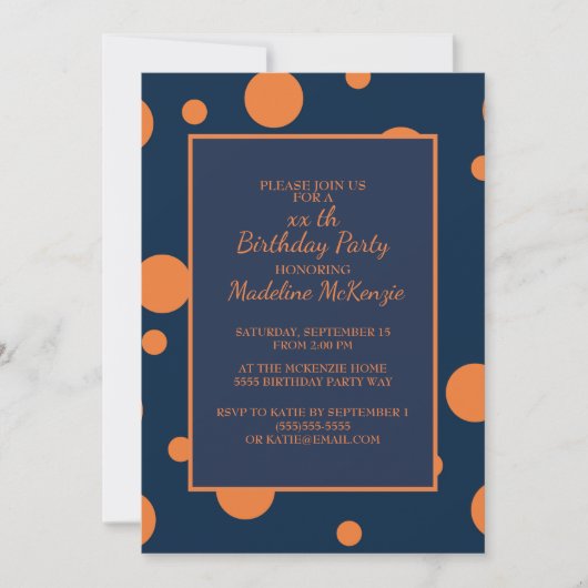 Orange Navy Blue Polka Dot Invitation de fête d'an (Devant)