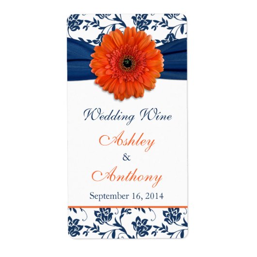 Orange Navy Mariage Daisy Wine Bottle Étiquettes (Devant)