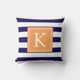 Orange & Navy Monogrammé Rayé Coussin de jet