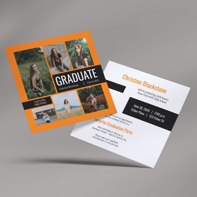 Orange & Noir 6 Photo Graduation Invitation (Créateur téléchargé)