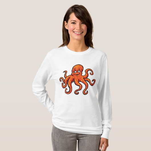 Orange Octopus Cartoon Ocean Sea Creature T-shirt (Voorkant volledig)